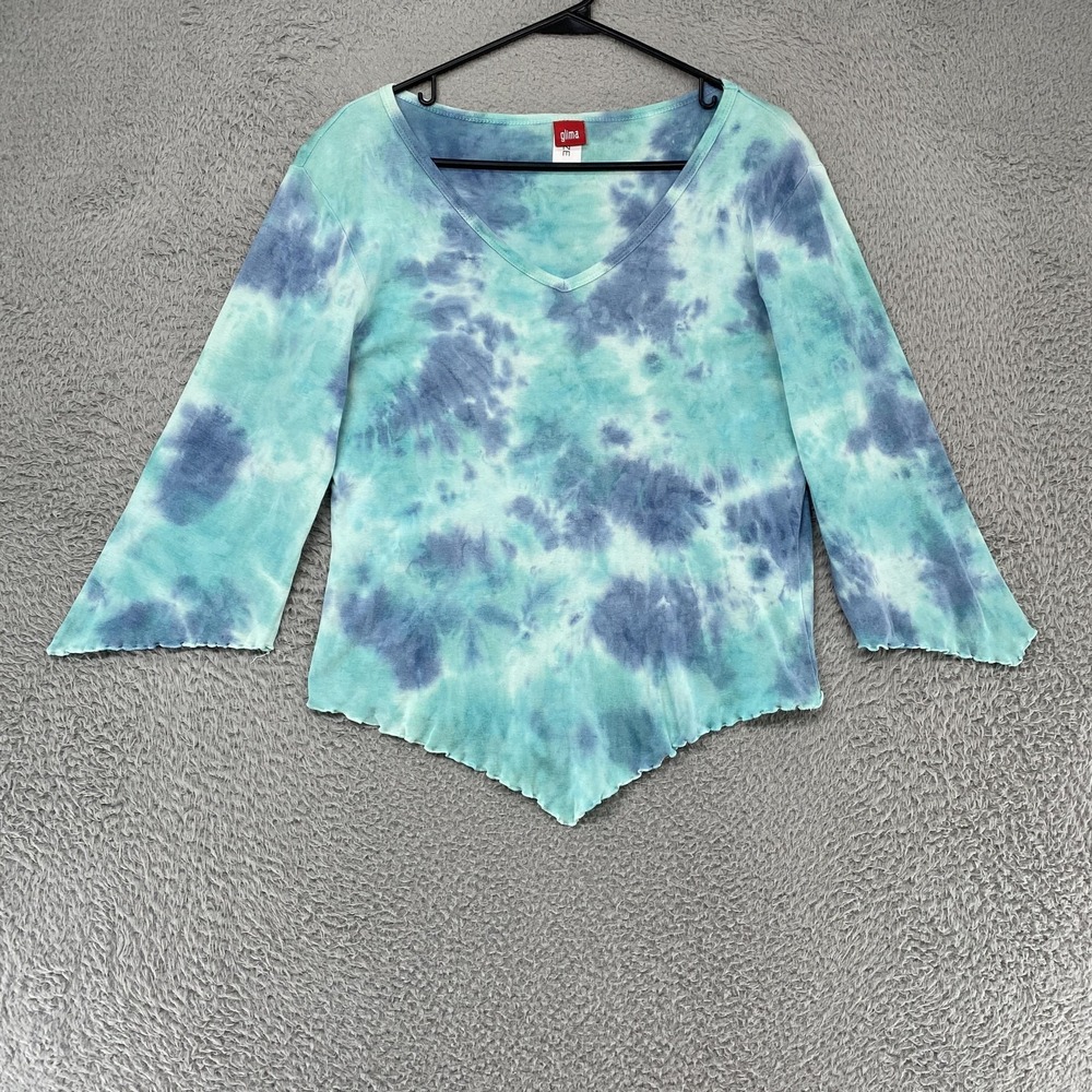 Glima Y2K Shirt Womens XL Blue‎ Tie Dye Fairy 3/4 Sleeve Handkerchief Hem Boho